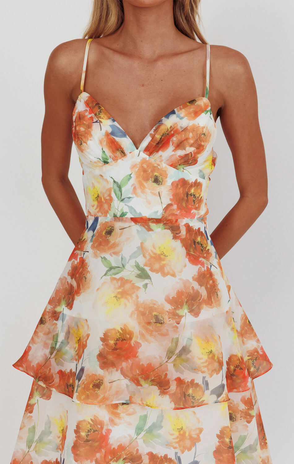 Makenna Maxi Dress - Orange - Floral Organza Tiered Dress