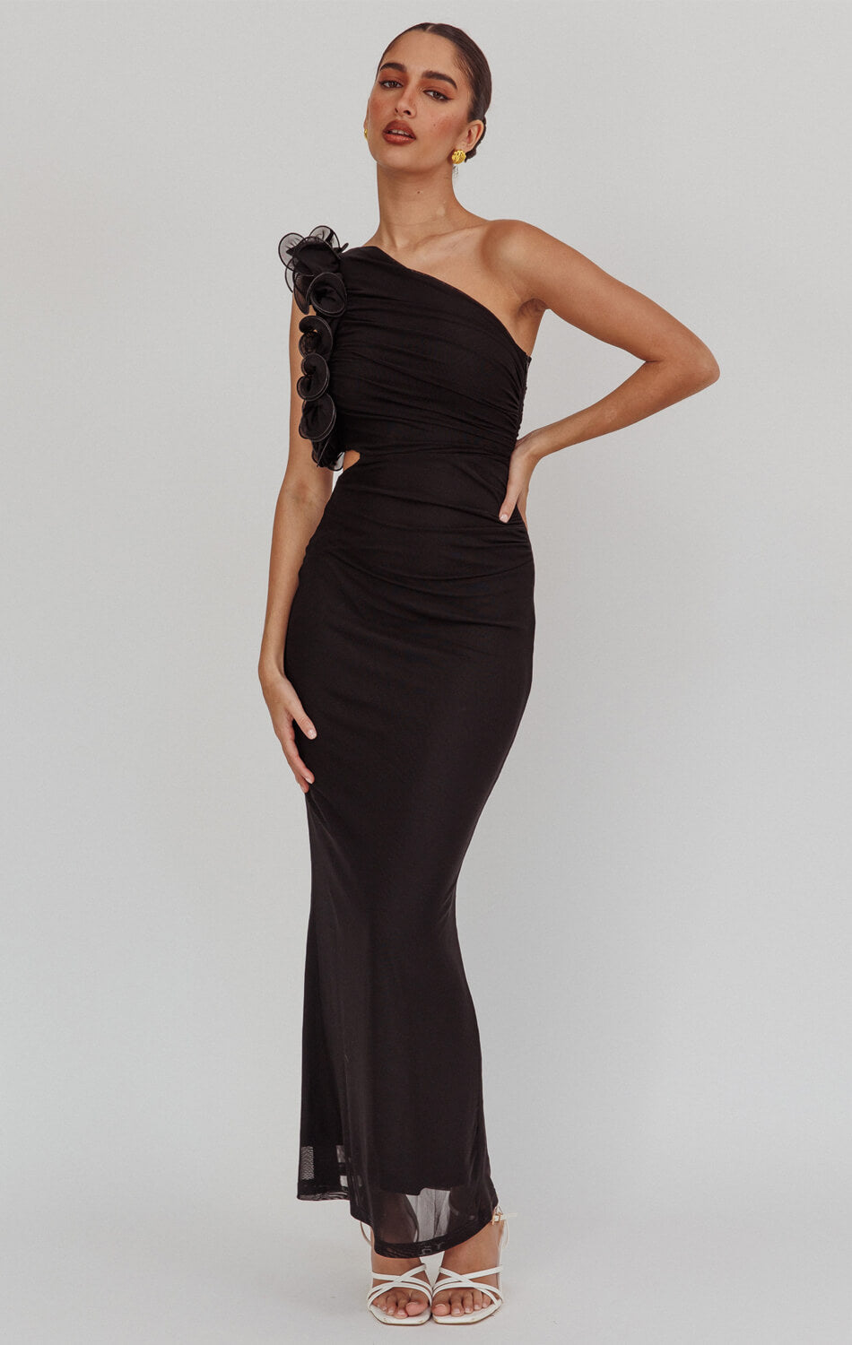 knee length dresses for ladies Lady Black Tie - Lizbeth One Shoulder Mesh Maxi Dress - Black
