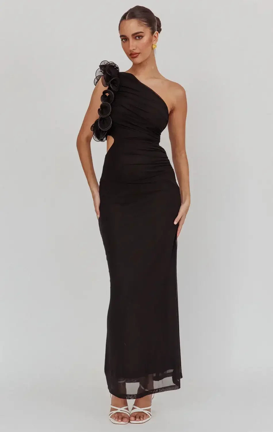 LIZBETH ONE SHOULDER MESH MAXI DRESS - BLACK