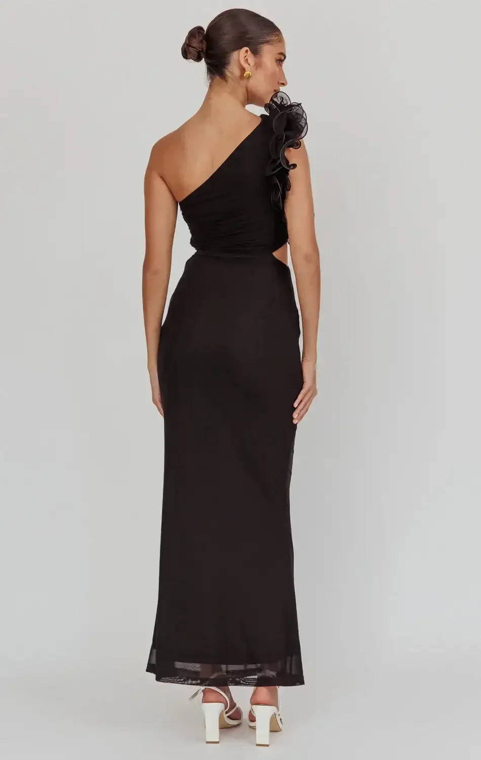 LIZBETH ONE SHOULDER MESH MAXI DRESS - BLACK