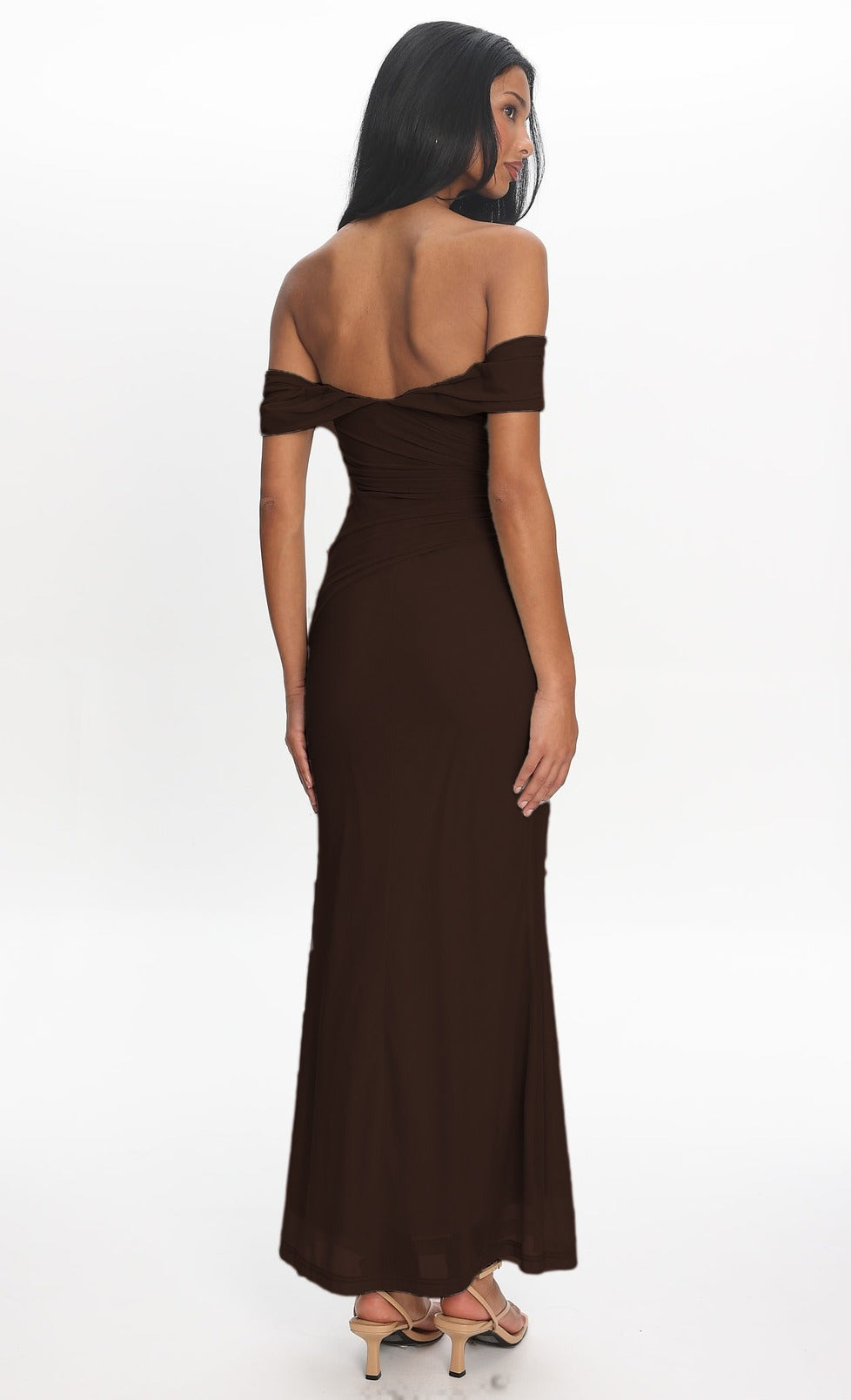 Back view of the Sofia Maxi Dress in chocolate brown showing the open off-the-shoulder back, twisted shoulder band and fitted mermaid silhouette