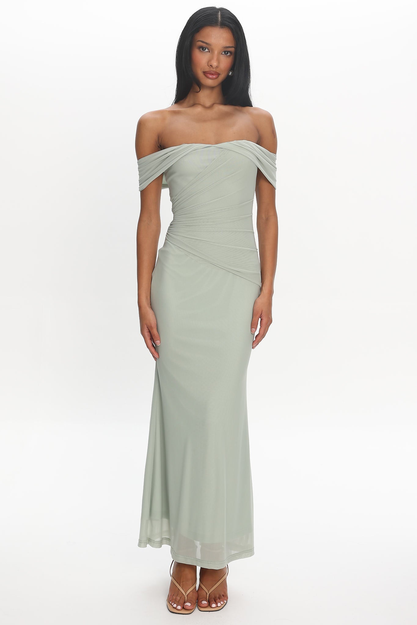 Sofia Maxi Dress - Sage Off-the-Shoulder Ruched Mesh Dress