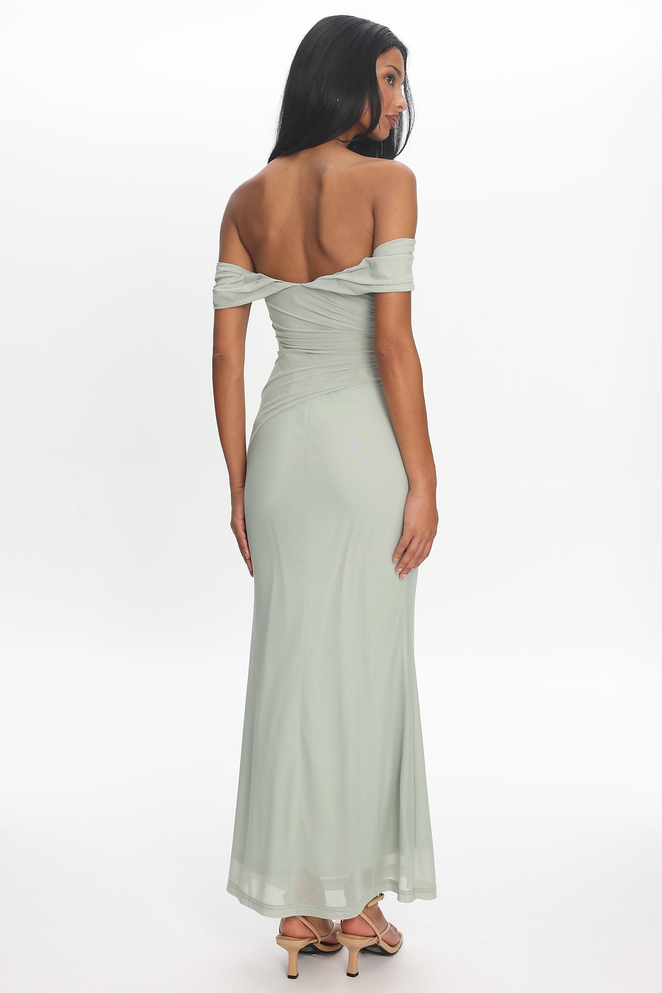 Sofia Maxi Dress - Sage Off-the-Shoulder Ruched Mesh Dress