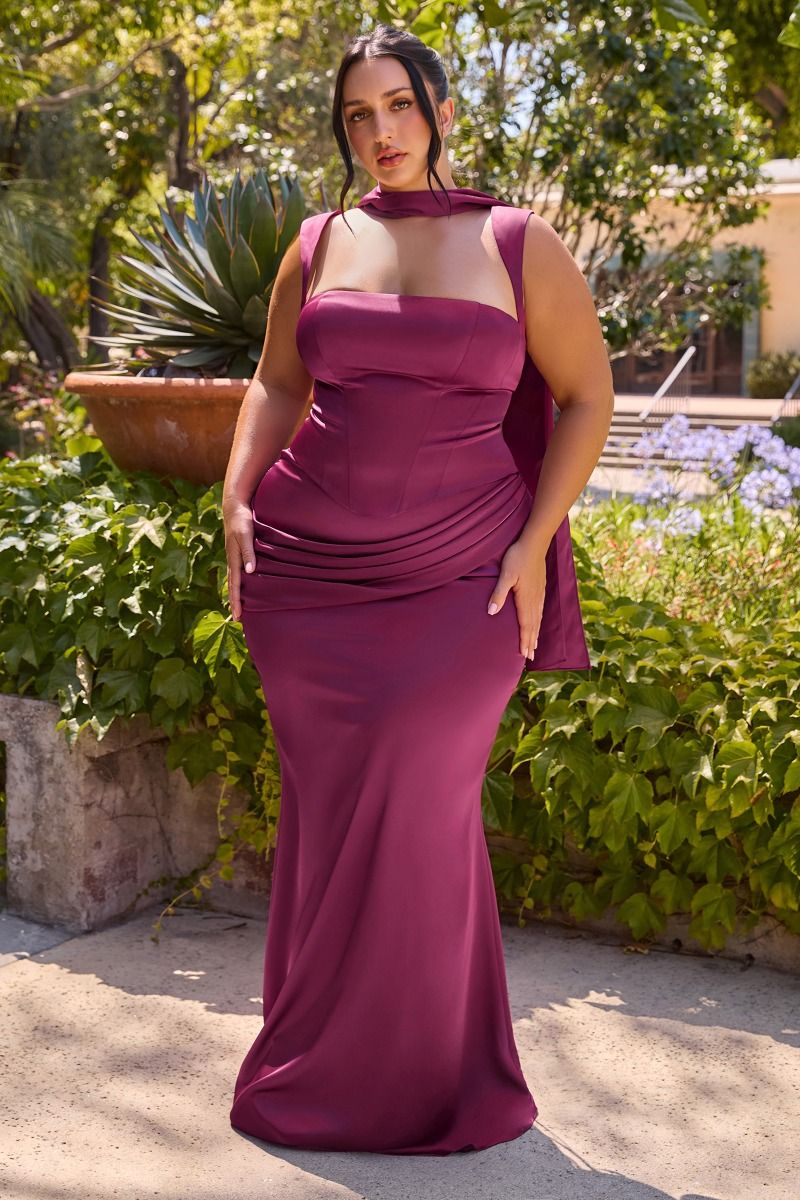 Cheryl Corset & Skirt Set - Two Piece Satin Gown with Scarf