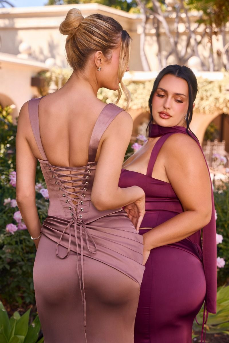Cheryl Corset & Skirt Set - Two Piece Satin Gown with Scarf