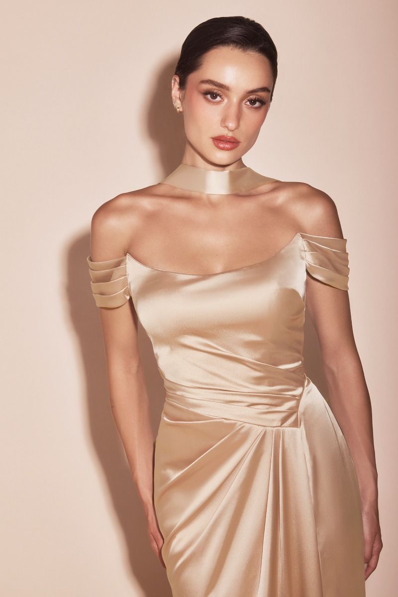 EMERSON GOWN - OFF THE SHOULDER LUXE SATIN DRESS