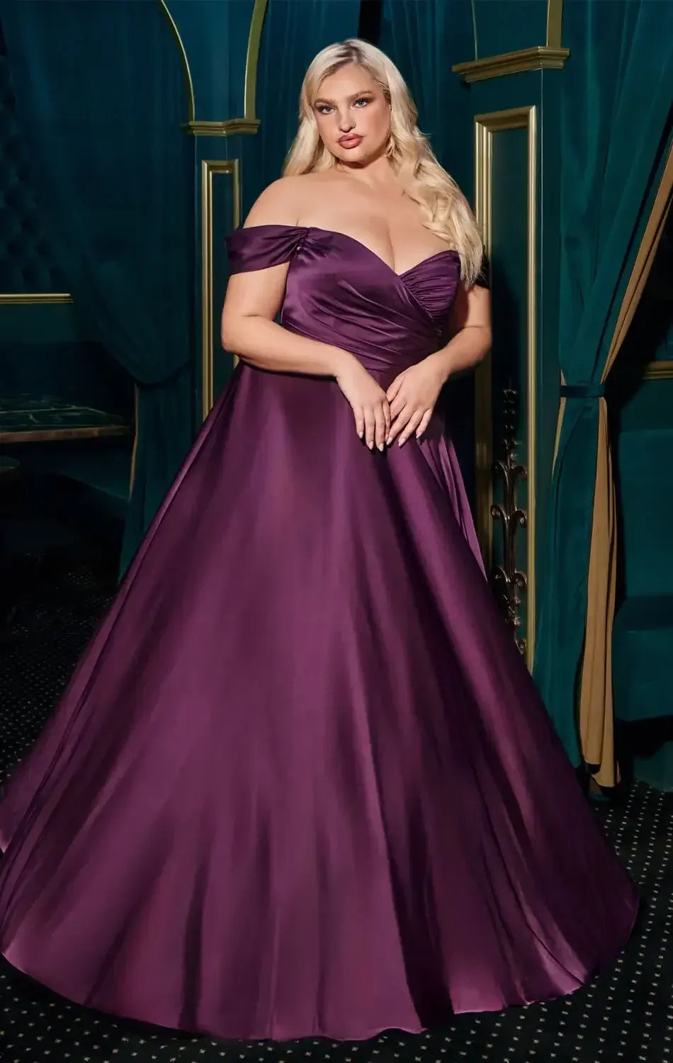 JILLIAN GOWN - EGGPLANT - A-LINE SOFT SATIN OFF THE SHOULDER DRESS