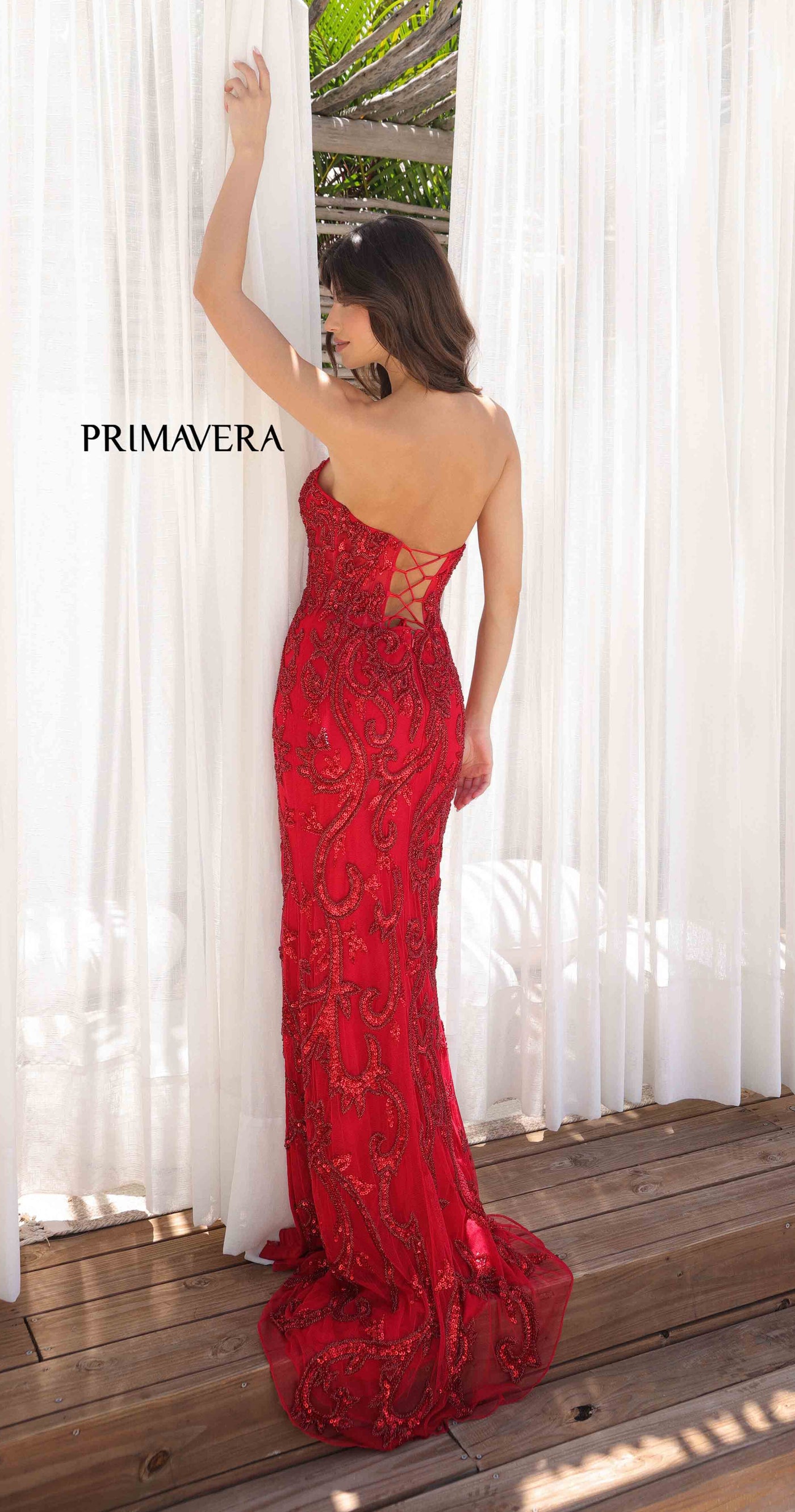 4356 - Primavera - Strapless Beaded Dress with Corset Back