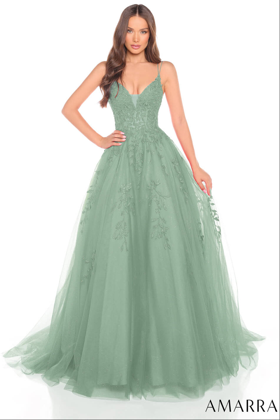 88536 - Amarra - Floral Ball Gown With Plunging V-Neckline