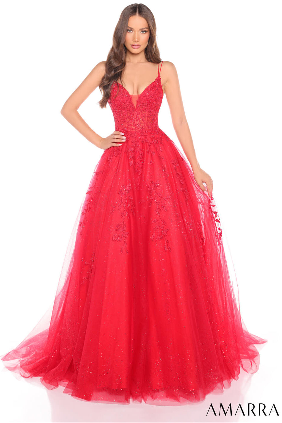 88536 - Amarra - Floral Ball Gown With Plunging V-Neckline