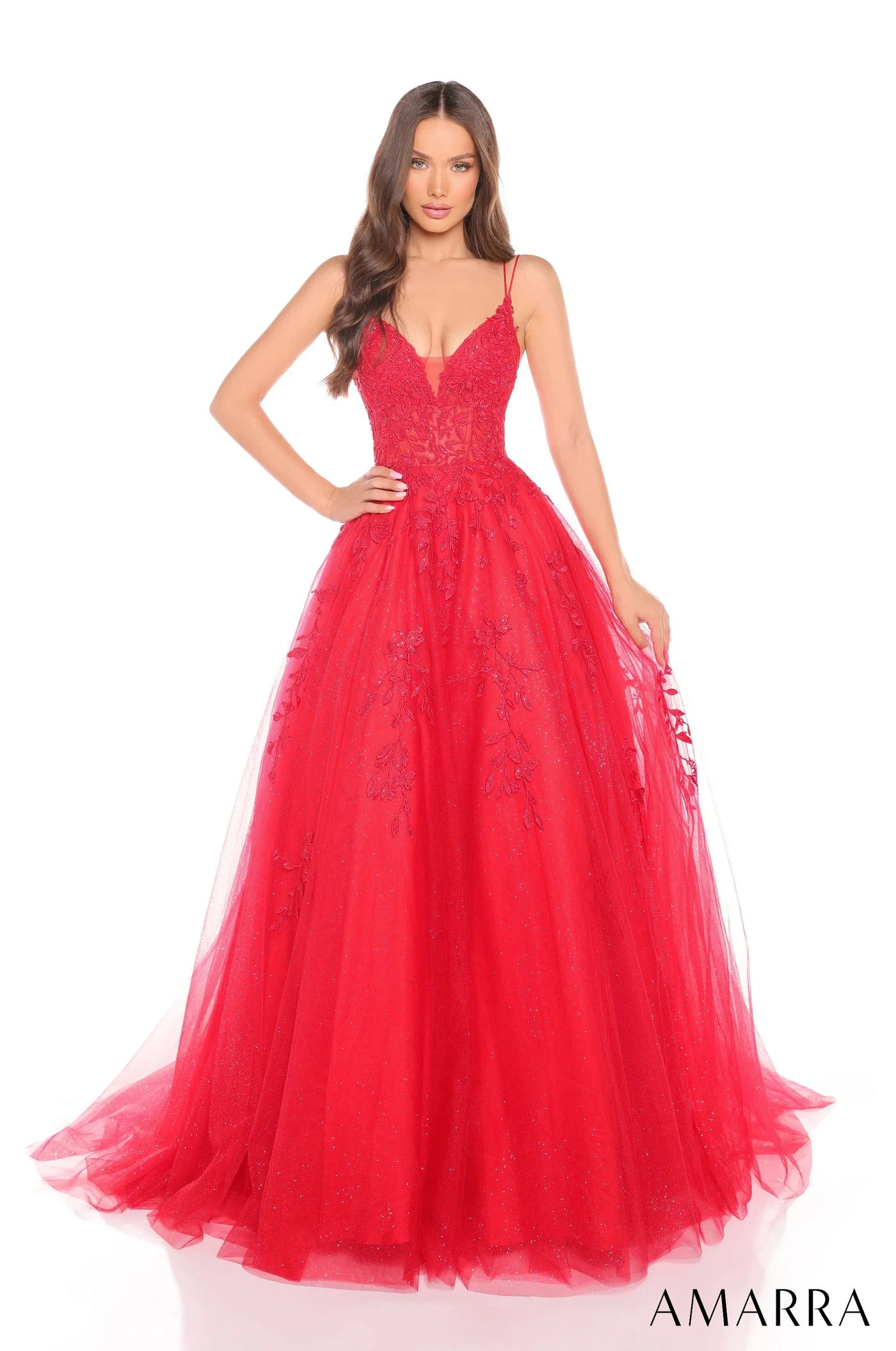 88536 - Amarra - Floral Ball Gown With Plunging V-Neckline