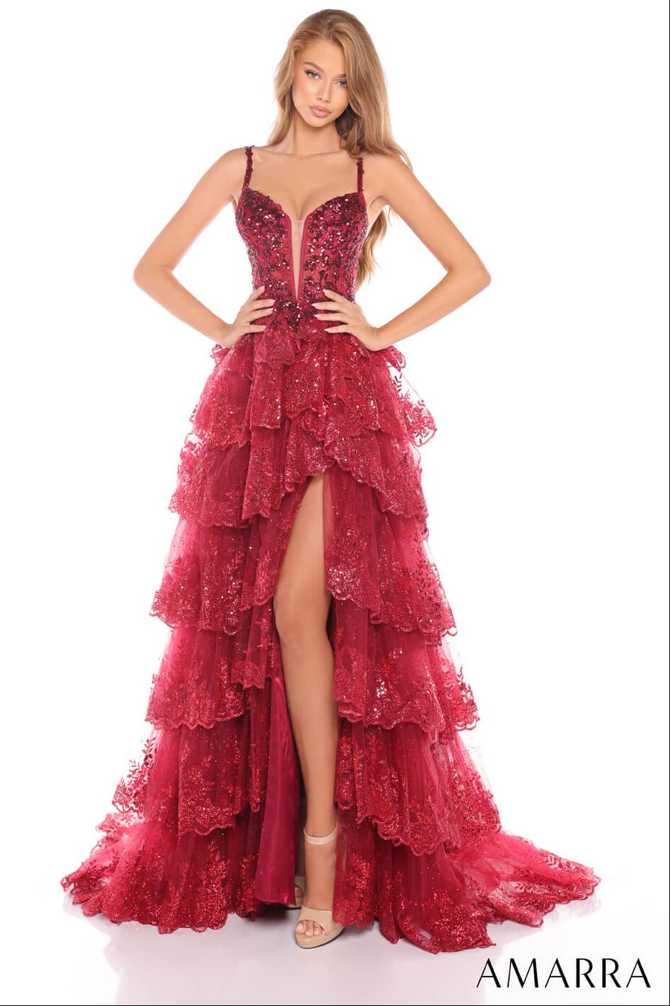 88745 - Amarra - Glitter Tulle Sequin Ball Gown With Plunging Neckline