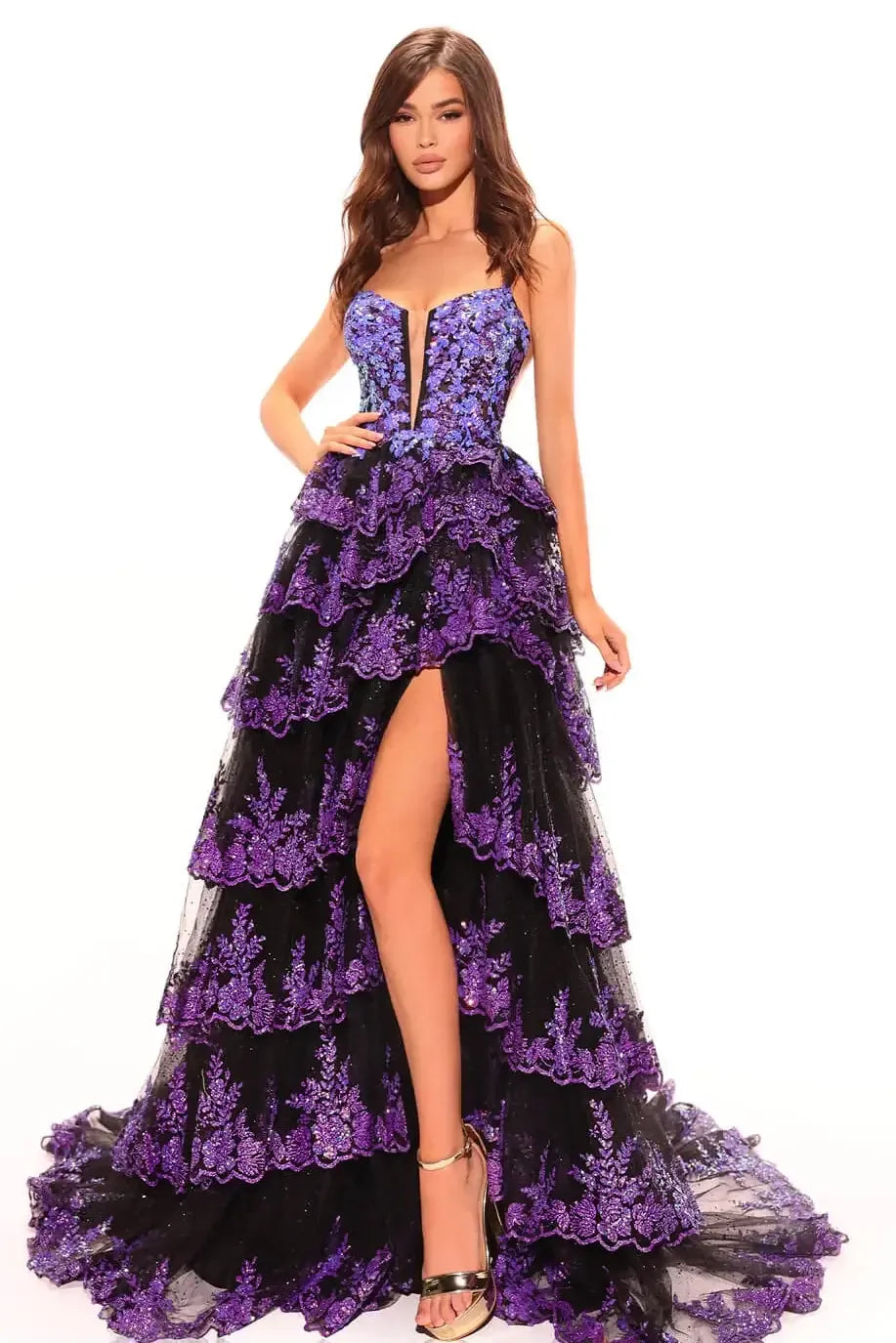 88745 - Amarra - Glitter Tulle Sequin Ball Gown With Plunging Neckline