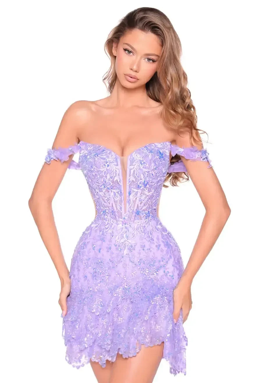 88926 - Amarra - Off-Shoulder Floral Appliqué Sequin Mini Dress