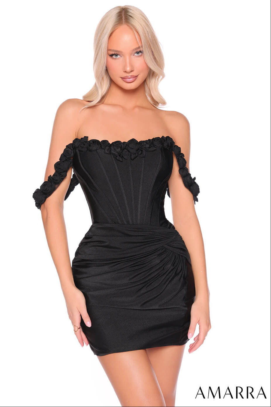 88980 - Amarra - Off-Shoulder Corset Mini Dress with Floral Rosettes