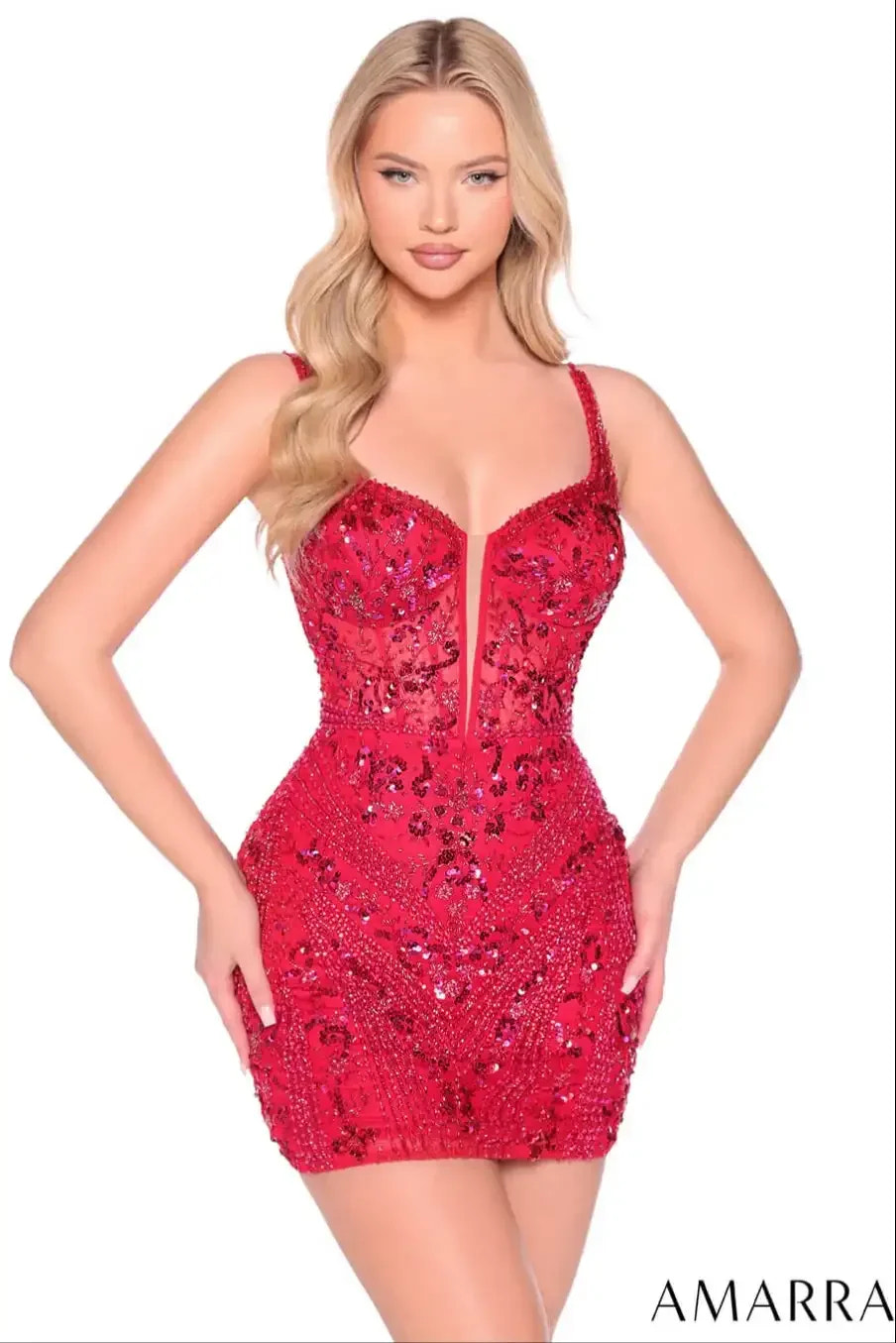 89006 - Amarra - Sequin Beaded Illusion Mini Dress