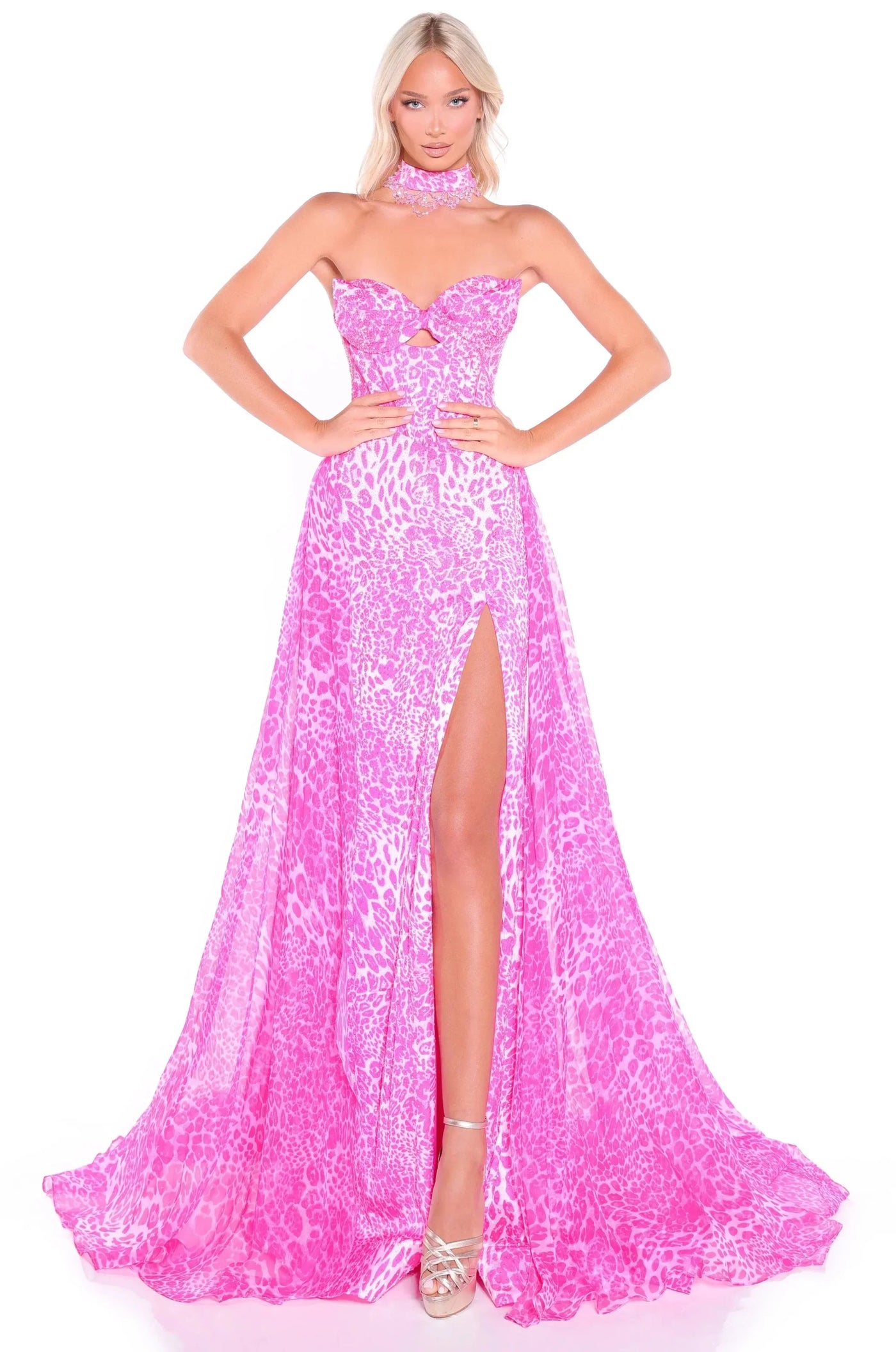 89395 - Amarra - Leopard Cheetah Print Satin Gown with Choker