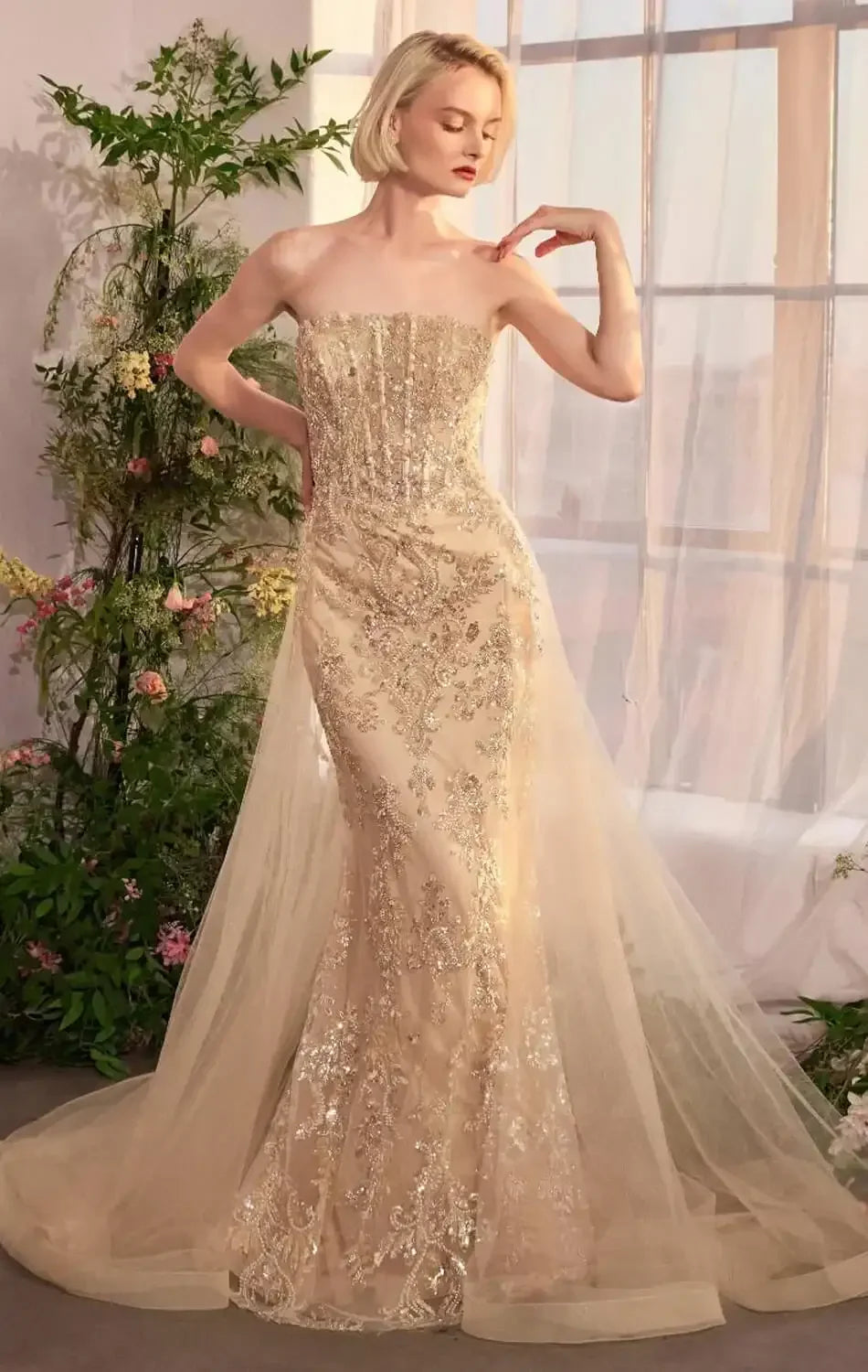 A1365 - Strapless Glitter Gown with Overskirt - Andrea & Leo