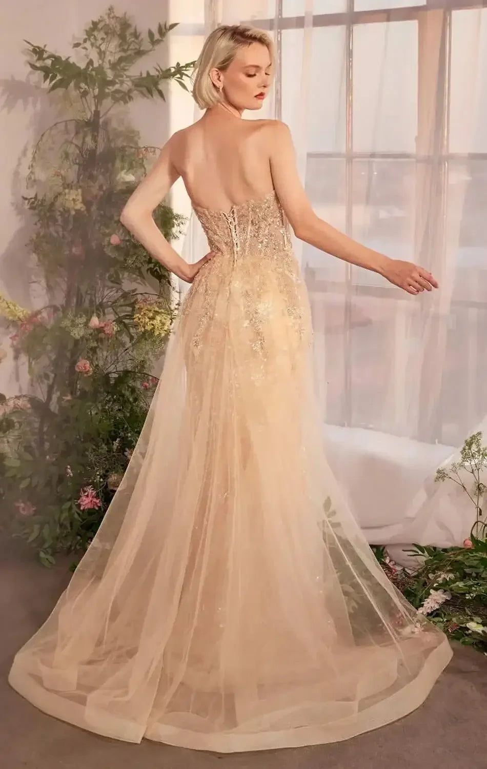 A1365 - Strapless Glitter Gown with Overskirt - Andrea & Leo