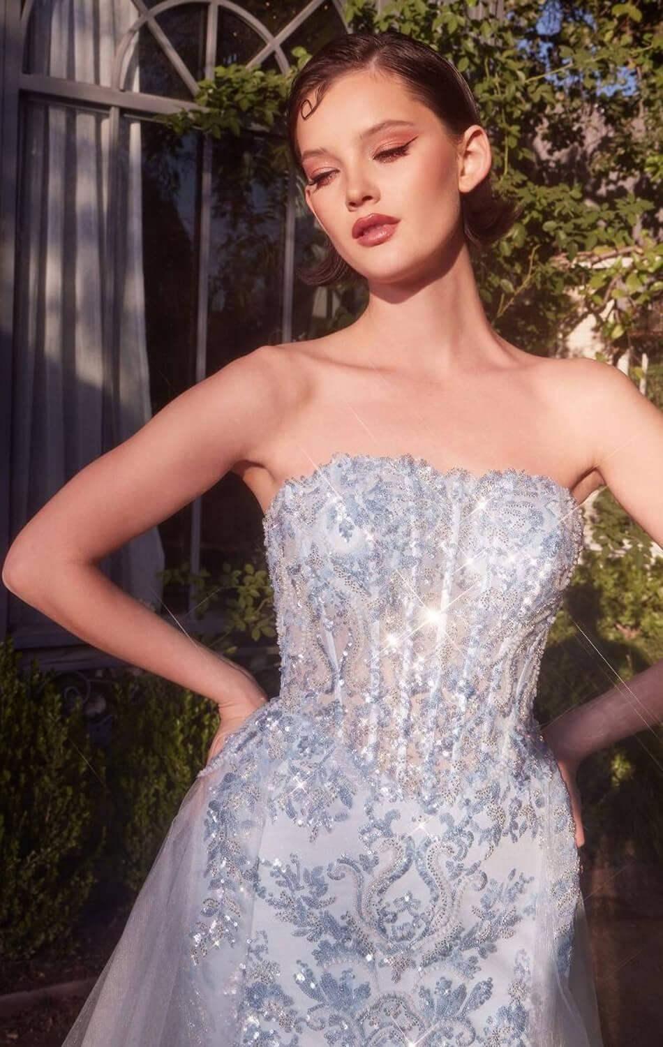 A1365 - Strapless Glitter Gown with Overskirt - Andrea & Leo