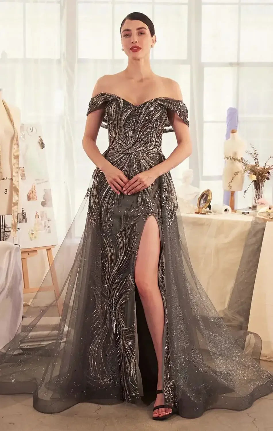 A1375 - OFF THE SHOULDER BEADED GOWN & OVERSKIRT - Andrea & Leo