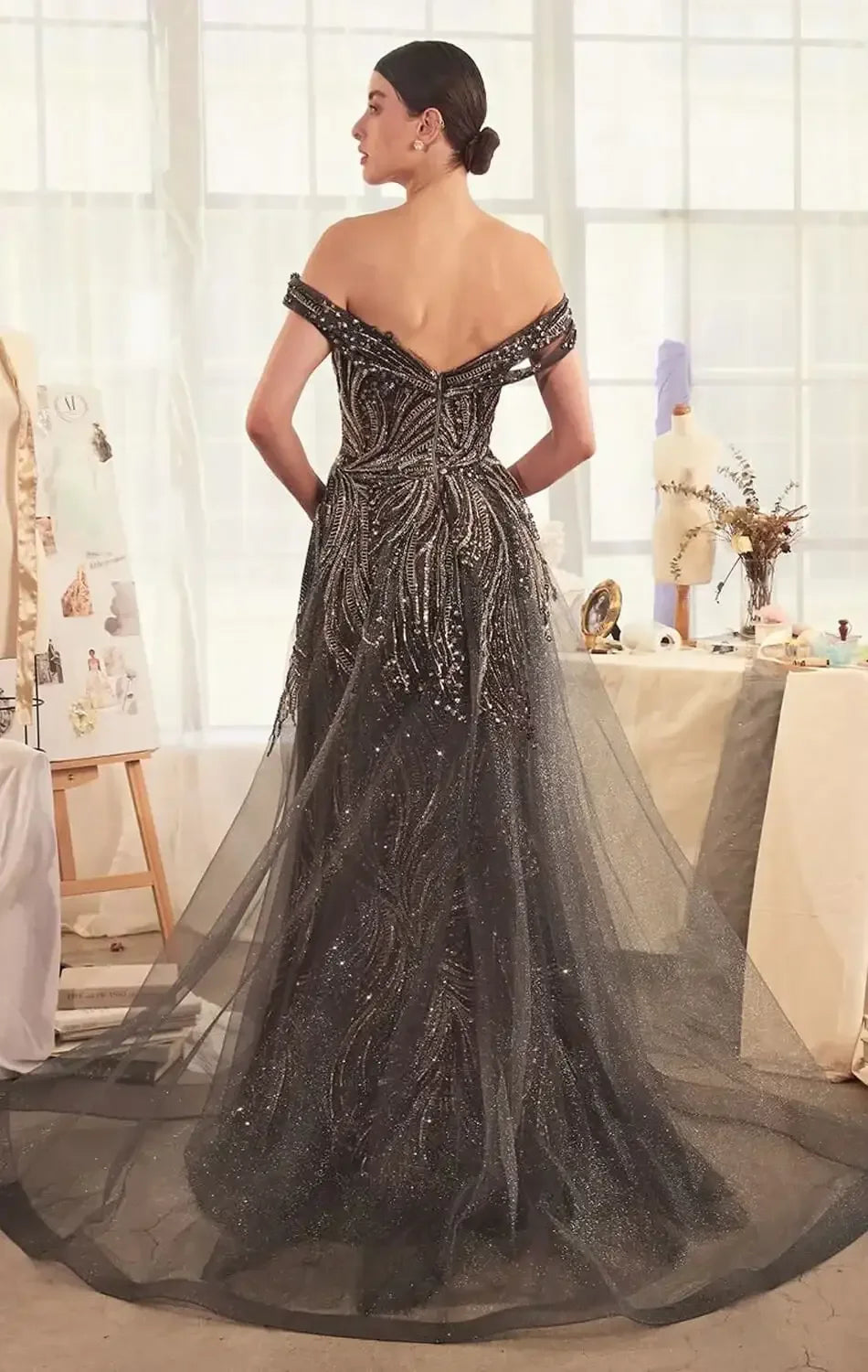 A1375 - OFF THE SHOULDER BEADED GOWN & OVERSKIRT - Andrea & Leo