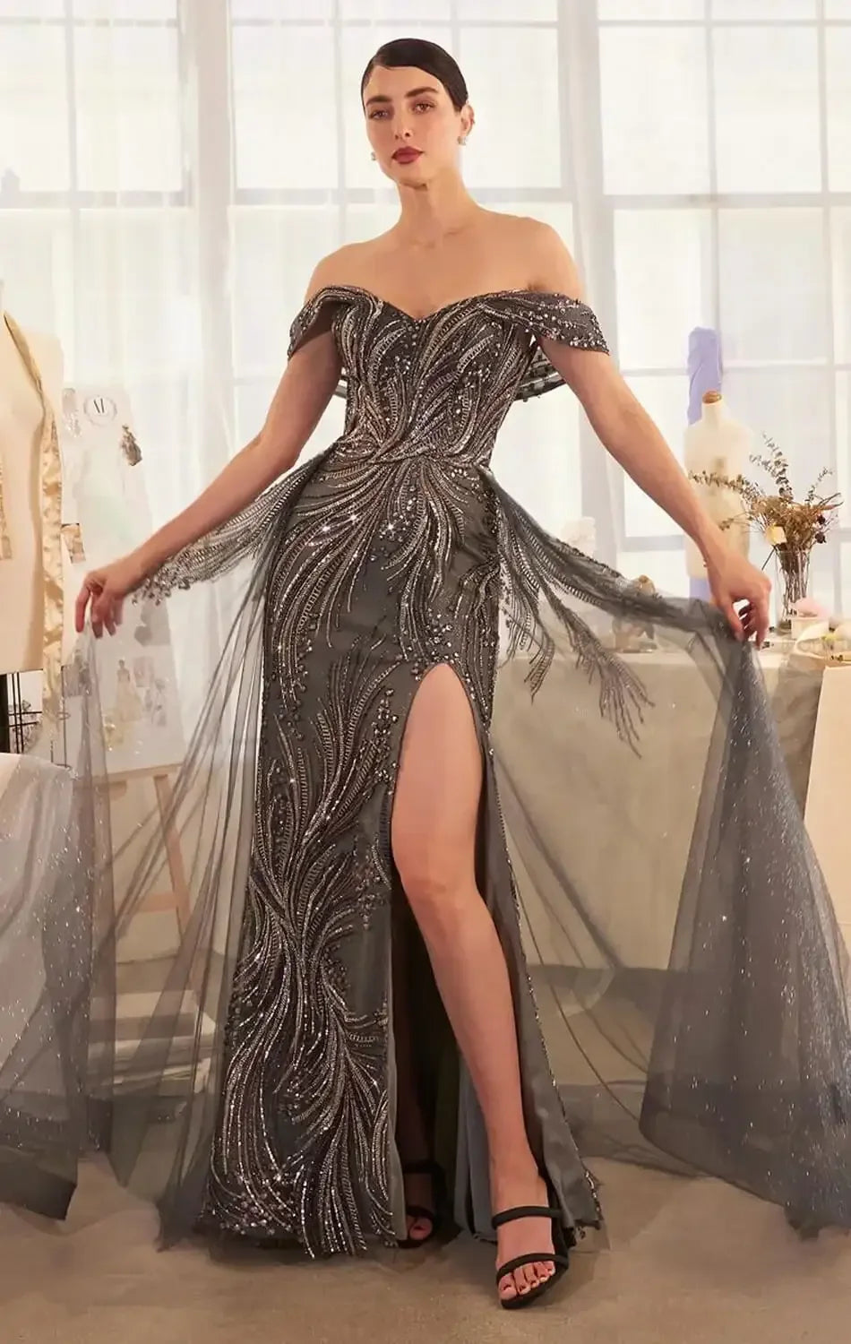 A1375 - OFF THE SHOULDER BEADED GOWN & OVERSKIRT - Andrea & Leo