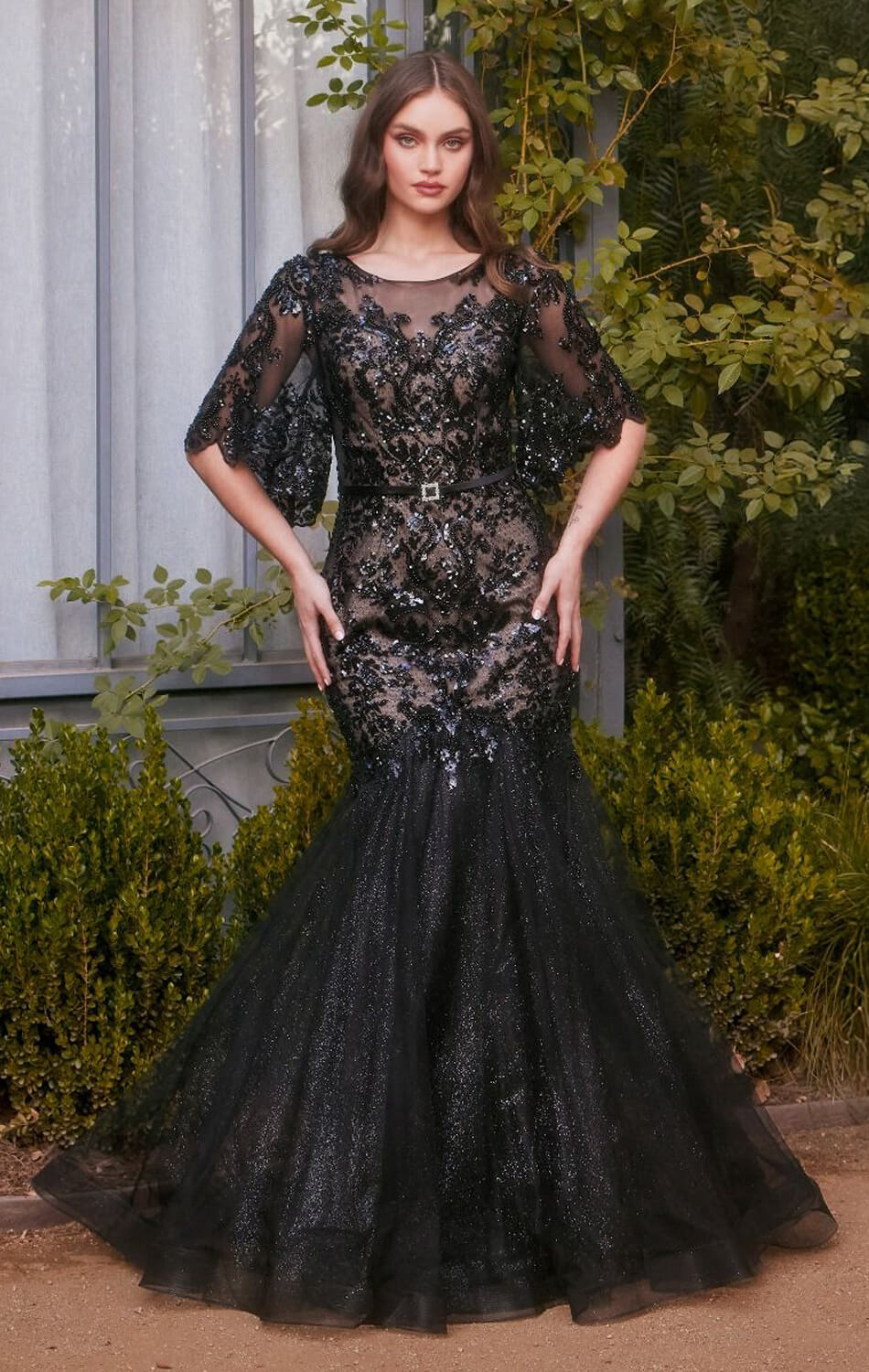 Lace Black Fishtail Gown Illusion Neck Sequin Mermaid Gown With