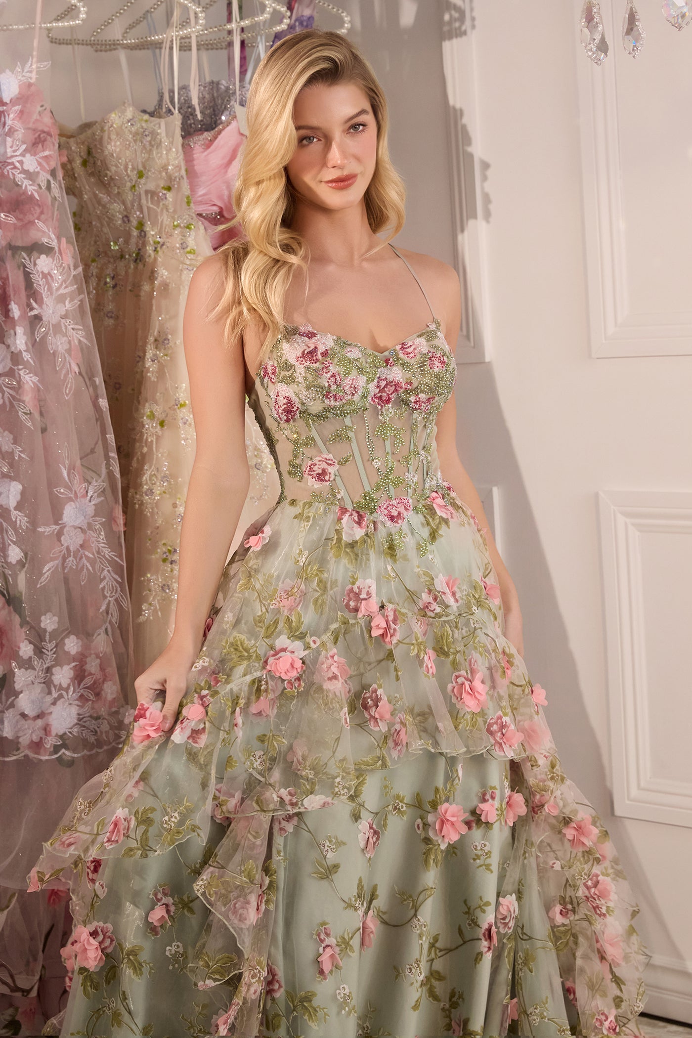 A1420 - SAGE FLORAL PRINT CORSET A-LINE DRESS - Andrea & Leo