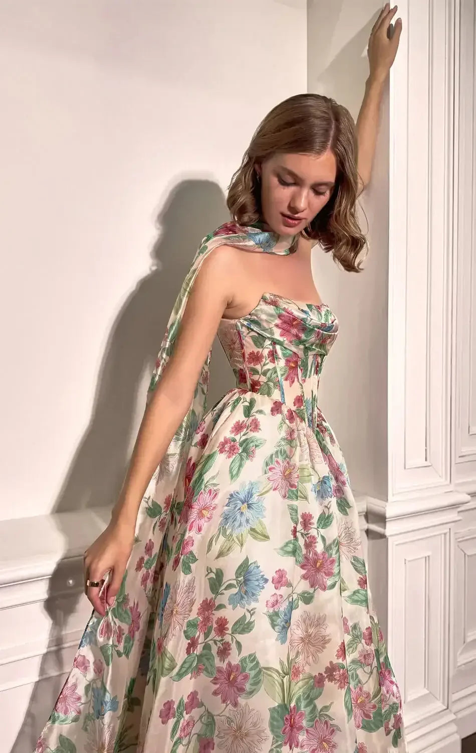 A1425 - FLORAL CORSET A-LINE GOWN WITH SCARF - Andrea & Leo