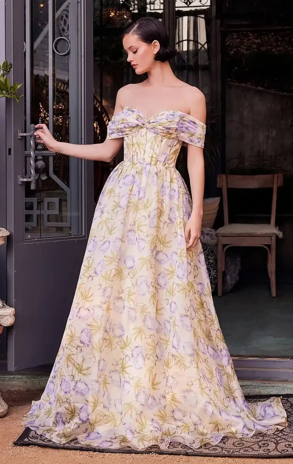 A1466 - FLORAL PRINTED OFF THE SHOULDER A-LINE DRESS - Andrea & Leo