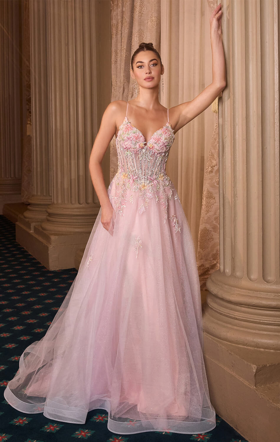 A1477 - FLORAL GLITTER TULLE BALL GOWN - ANDREA & LEO