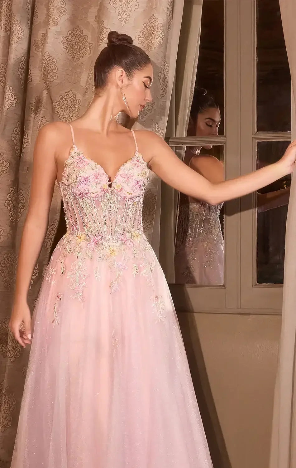 A1477 - FLORAL GLITTER TULLE BALL GOWN - ANDREA & LEO