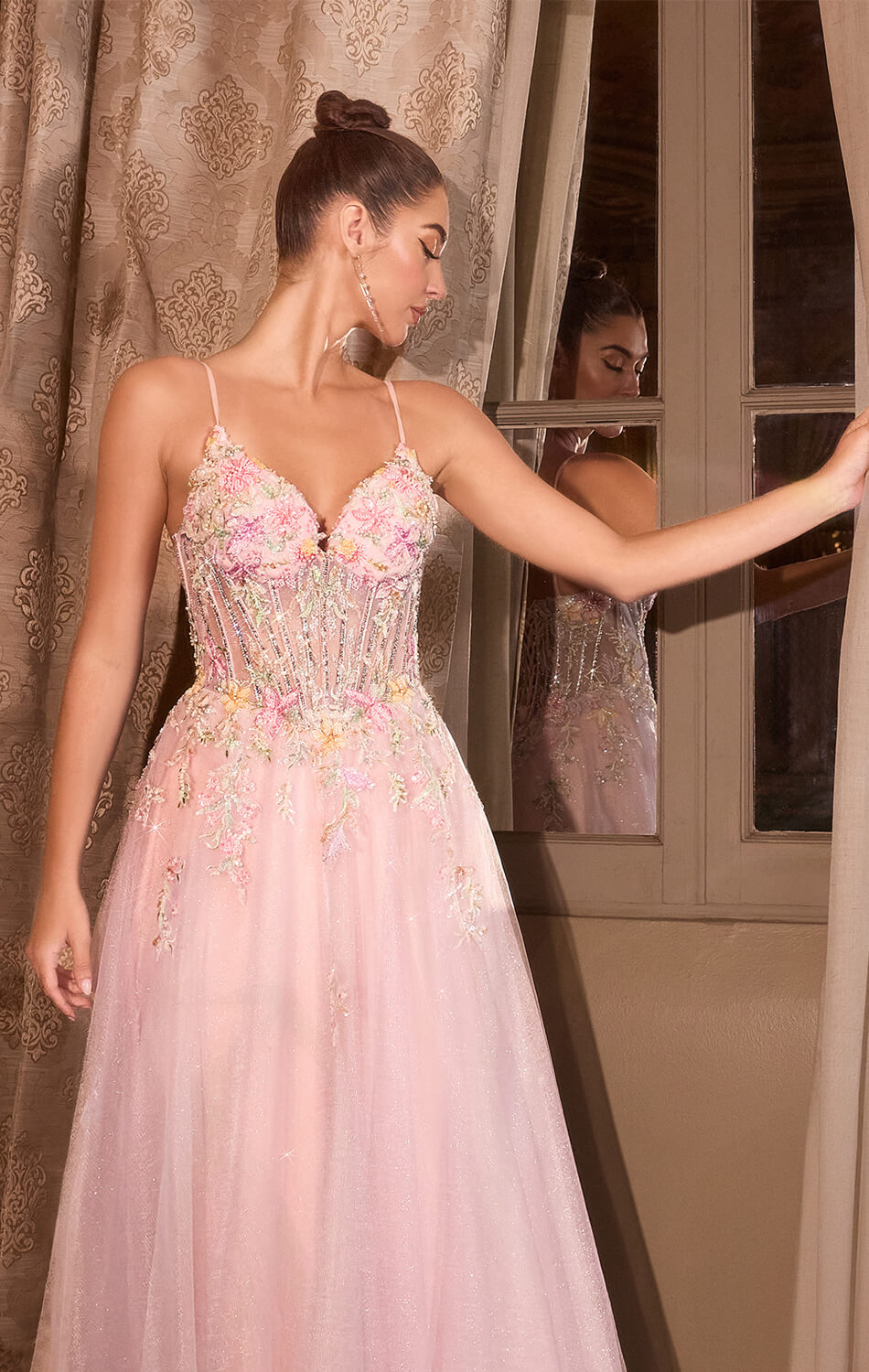 A1477 - FLORAL GLITTER TULLE BALL GOWN - ANDREA & LEO