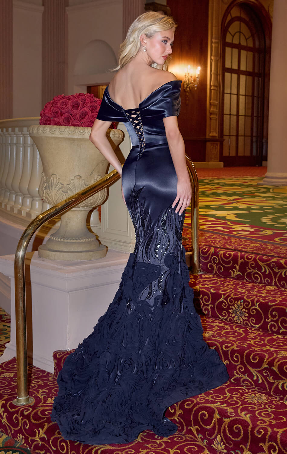 Navy blue off-shoulder gown