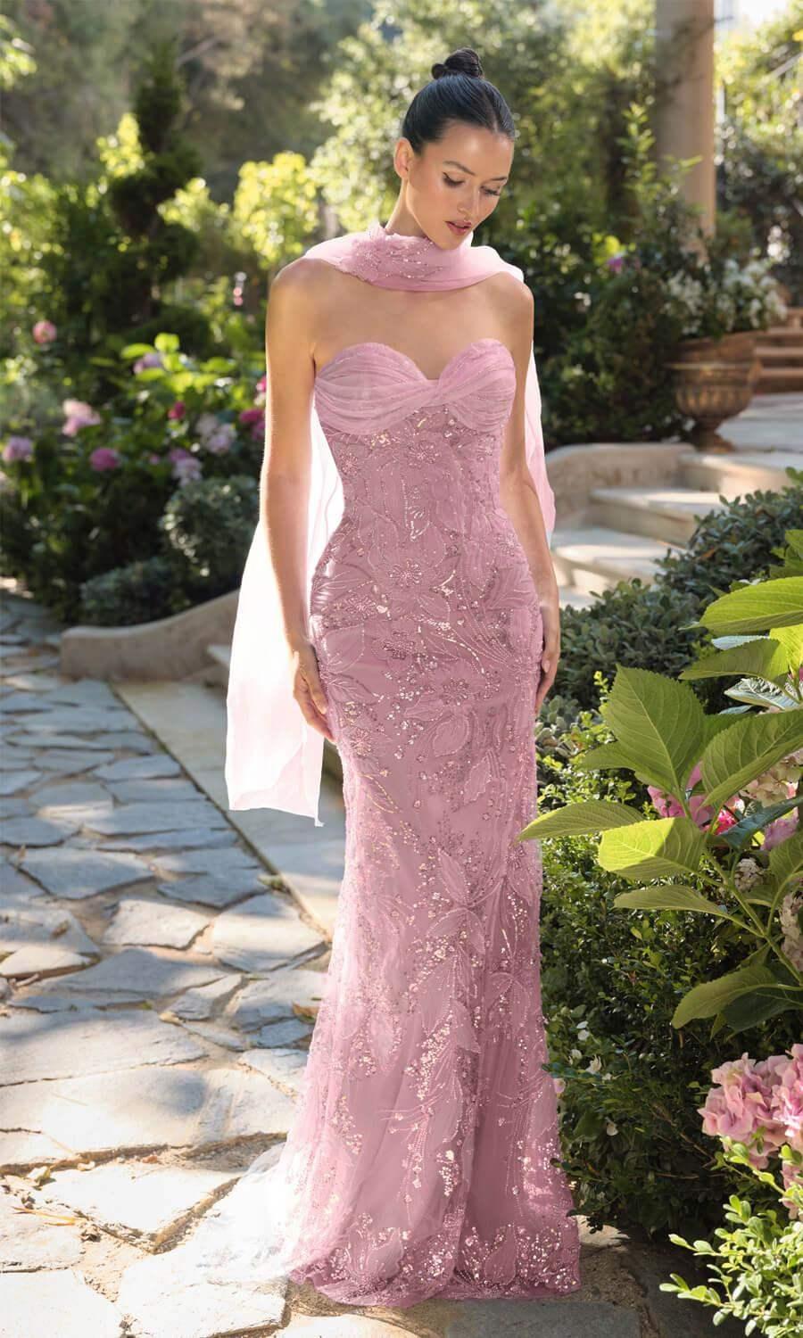 A1484 - Strapless Sweetheart Beaded Floral Gown - Andrea & Leo