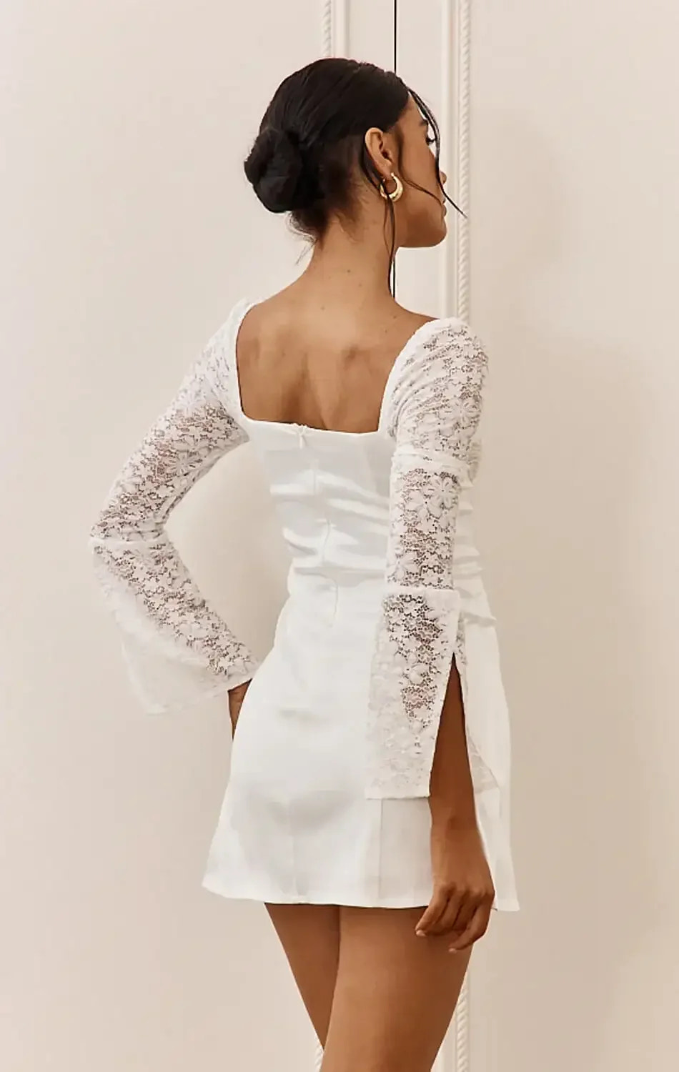 Carrie Mini Dress - White - Lace Sleeve Mini Dress