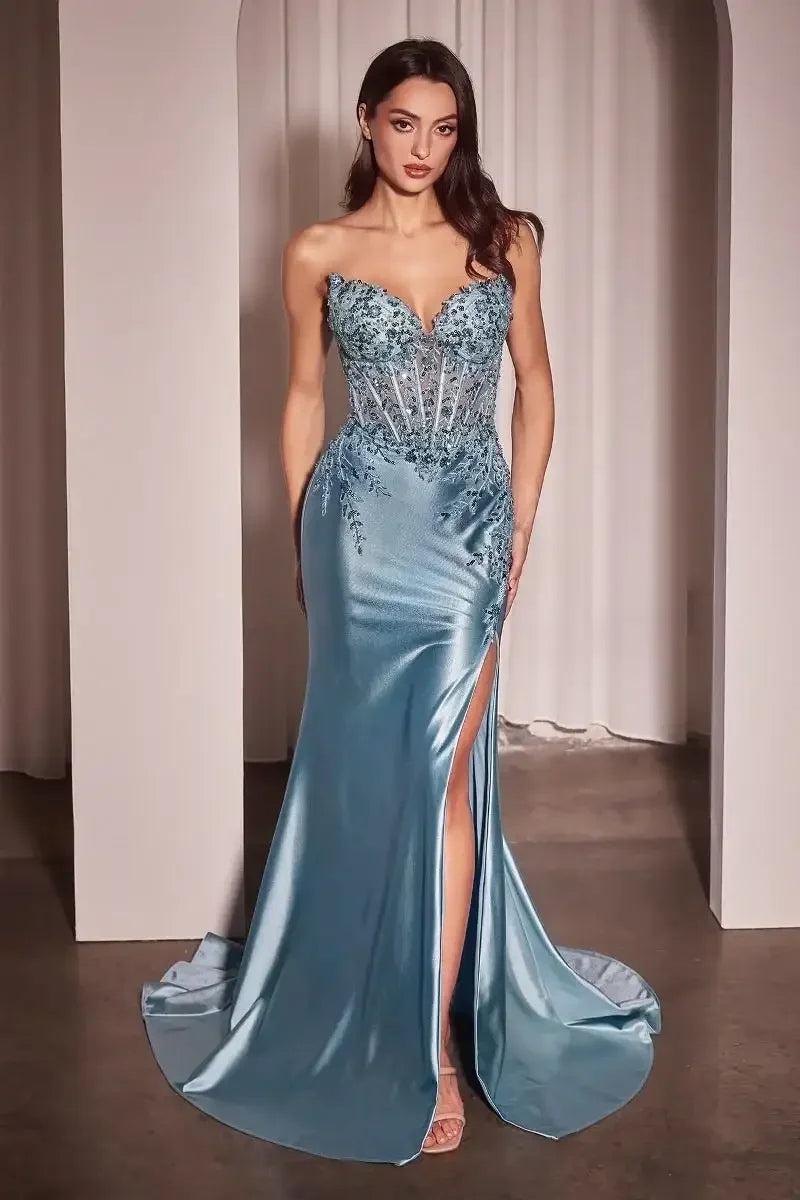 Alexis Gown - Light Blue - SATIN & LACE STRAPLESS FITTED GOWN
