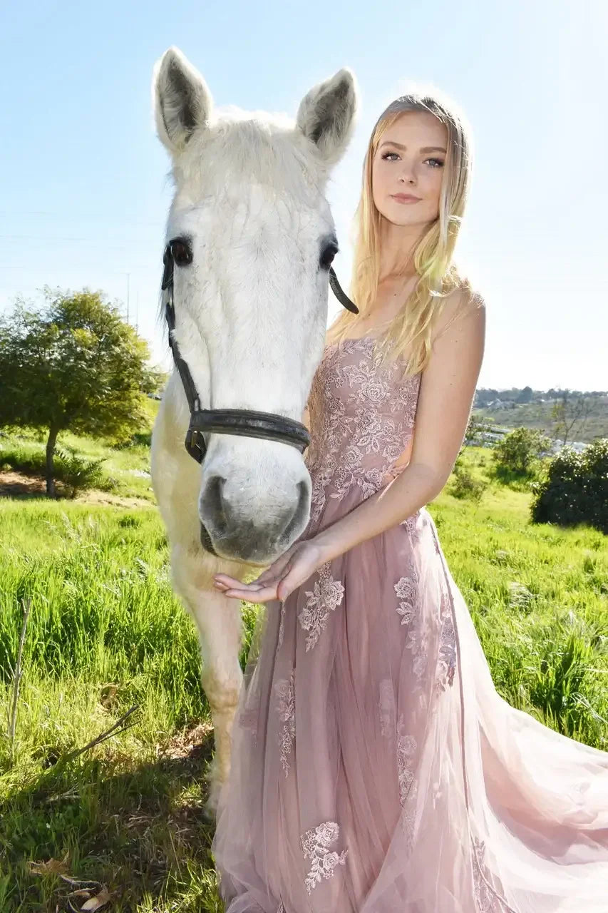 A woman in a decorative pink dress stands beside a white horse, extending her hand towards it. The setting is a sunny green field with trees in the background.