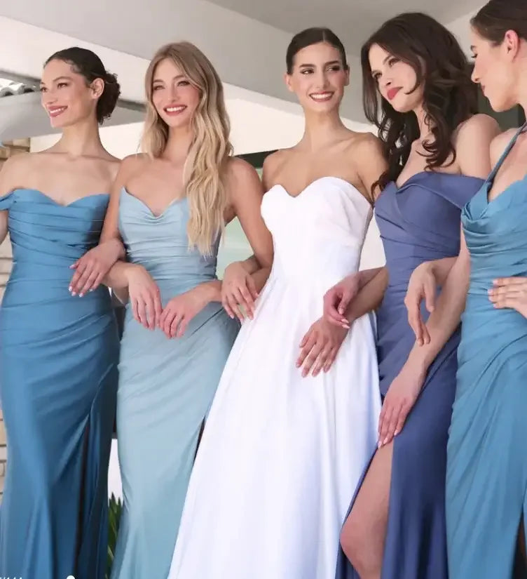 AVA POINTED V-NECKLINE GOWN - DUSTY BLUE - STRAPLESS STRETCH SPANDEX SATIN FITTED GOWN