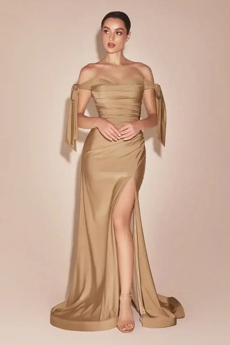 Amber Gown - Nude Gold - Off Shoulder Stretch Spandex Satin Dress With Ties