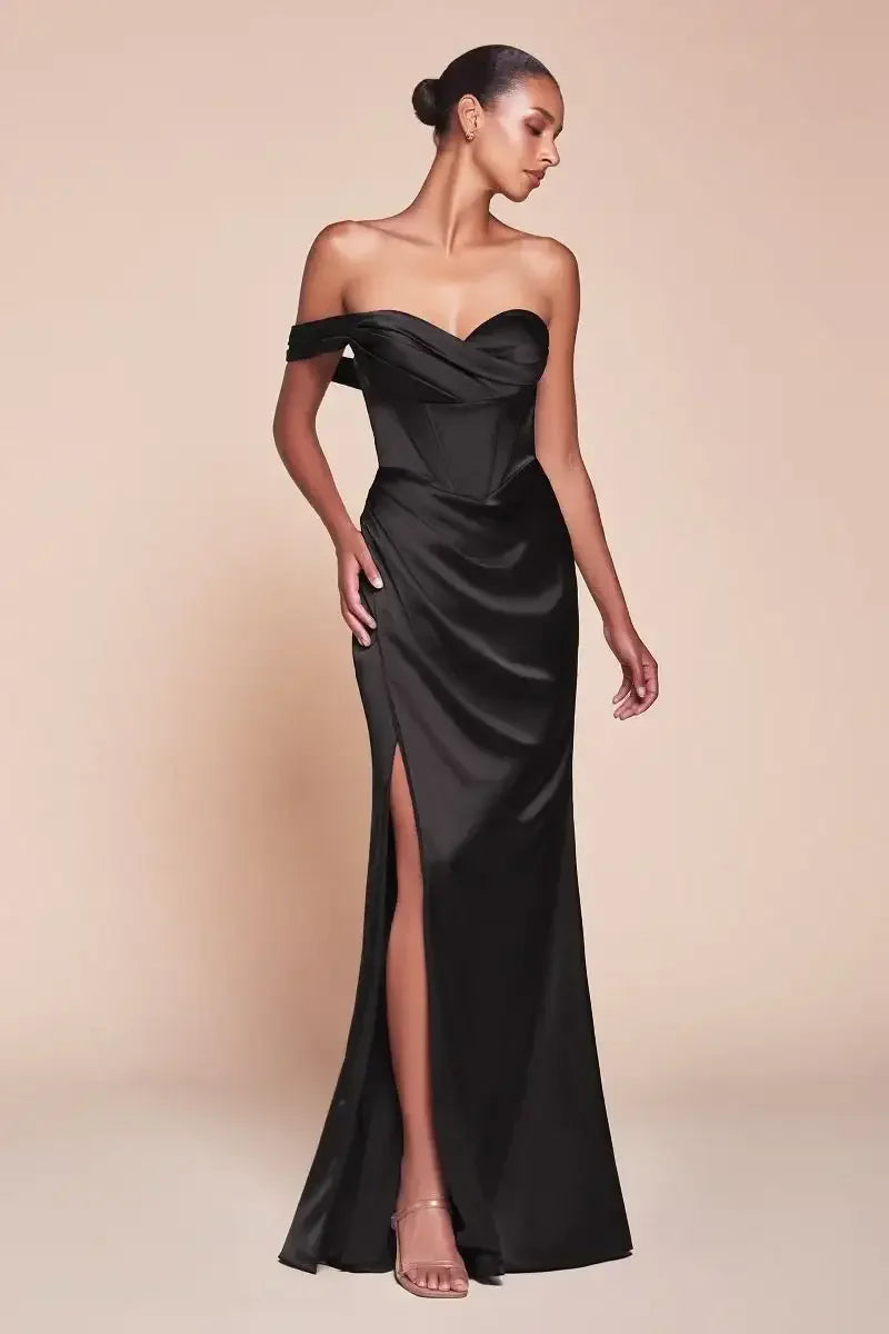 Audra Gown - Black - ONE SHOULDER LUXE SATIN CORSET GOWN