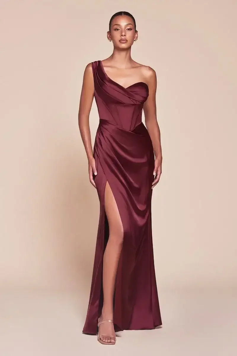 Audra Gown - Burgundy - ONE SHOULDER LUXE SATIN CORSET GOWN