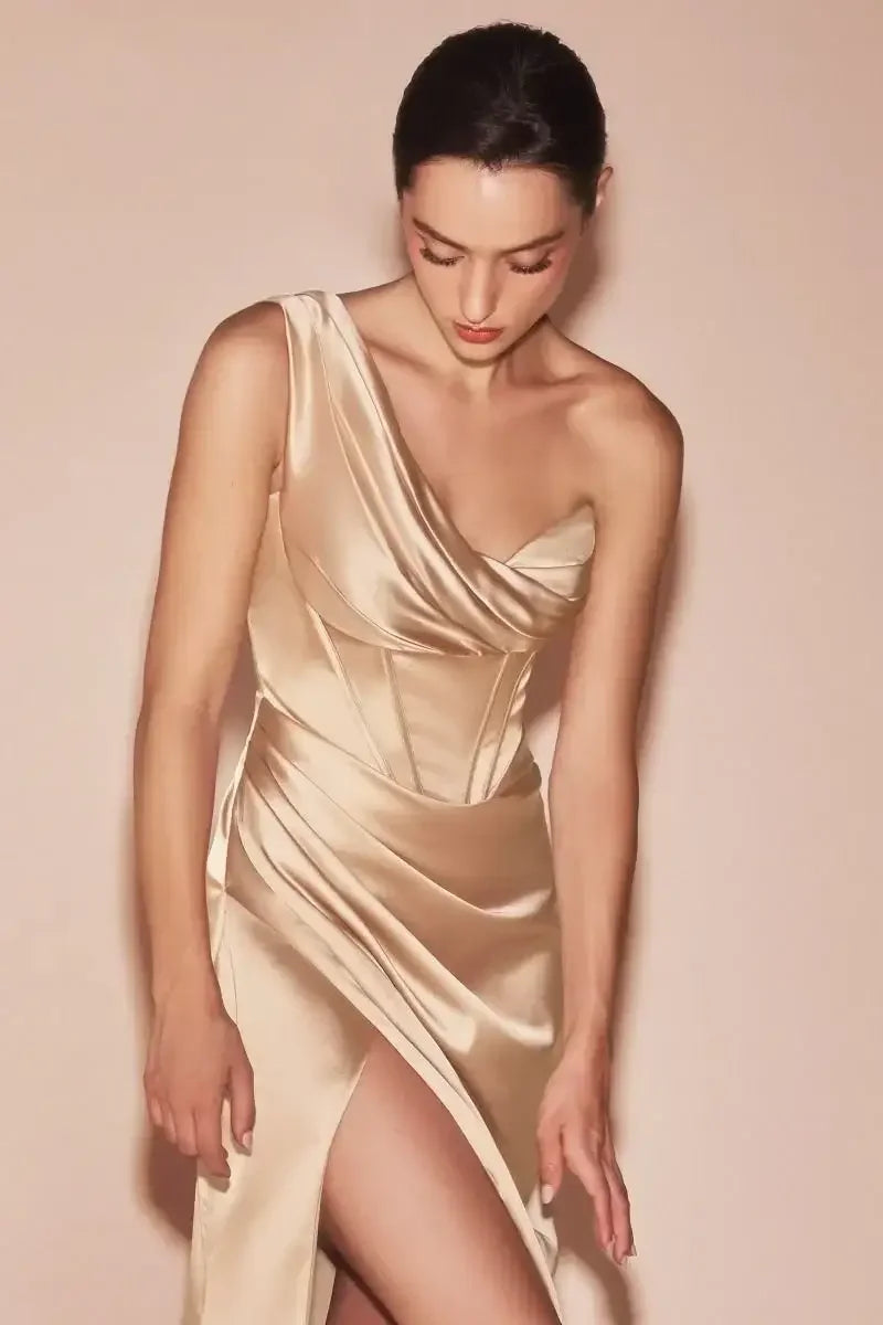 Audra Gown - Champagne - ONE SHOULDER LUXE SATIN CORSET GOWN