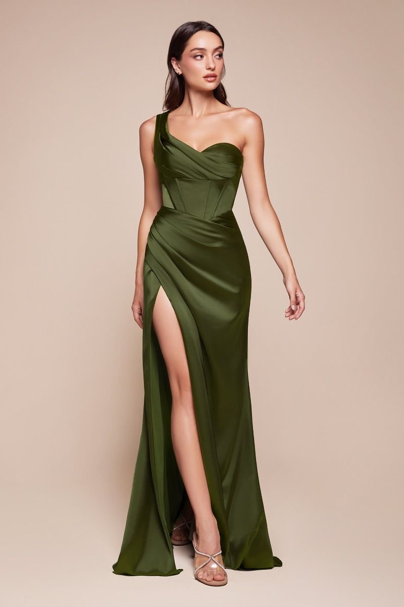 Audra Gown - Olive - ONE SHOULDER LUXE SATIN CORSET GOWN