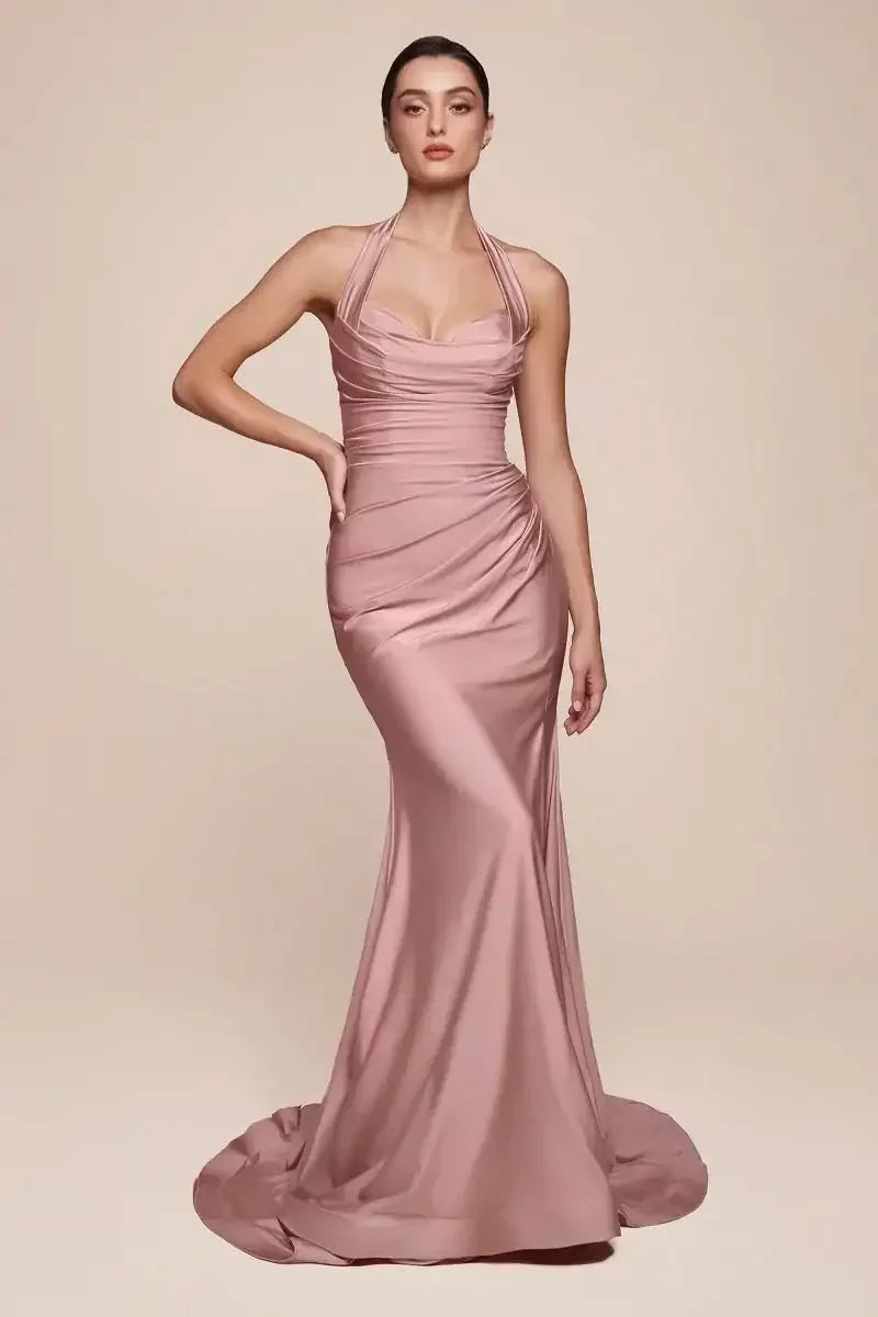 AUTUMN GOWN - DUSTY ROSE - STRETCH SPANDEX SATIN HALTER FITTED DRESS