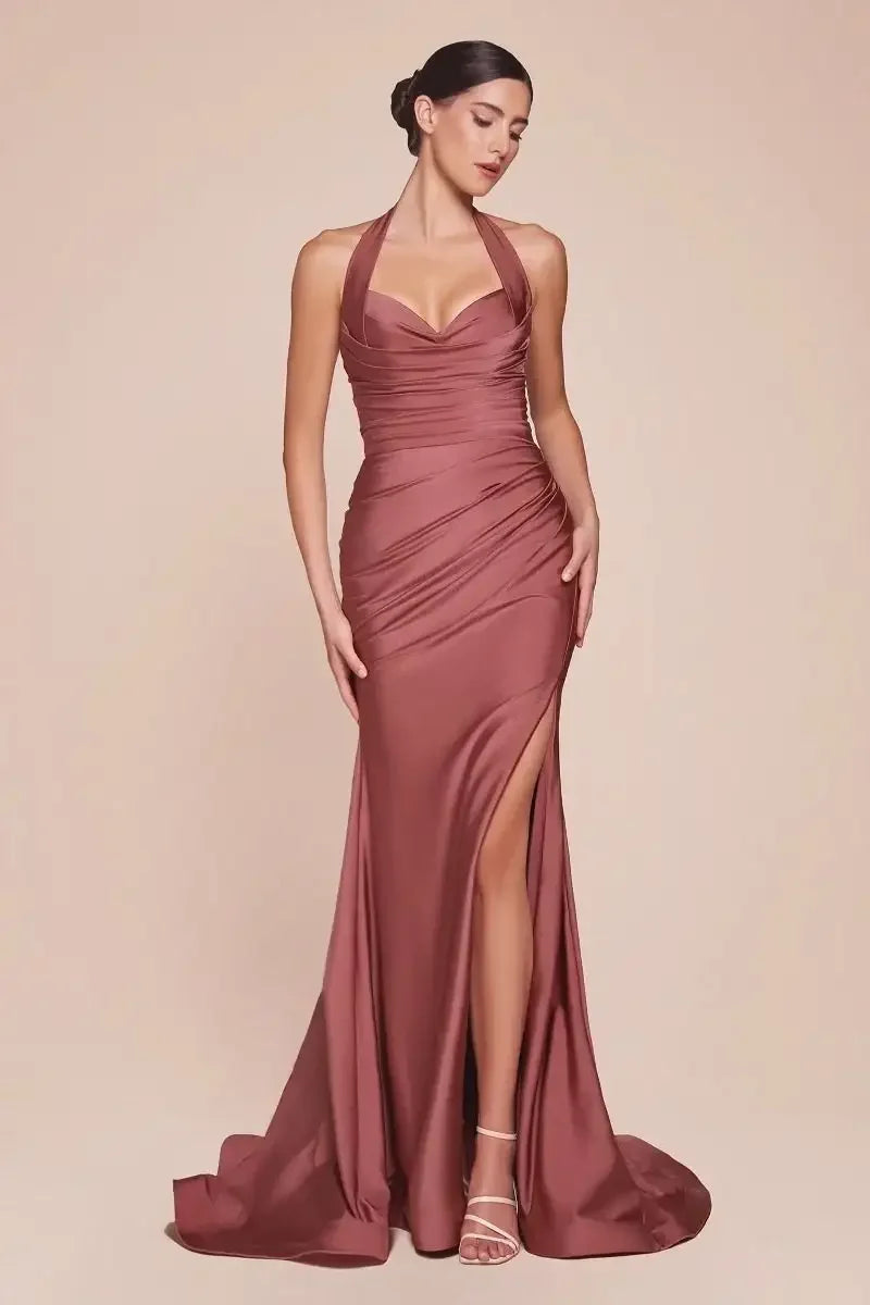 AUTUMN GOWN - SIENNA ROSE - STRETCH SPANDEX SATIN HALTER FITTED DRESS