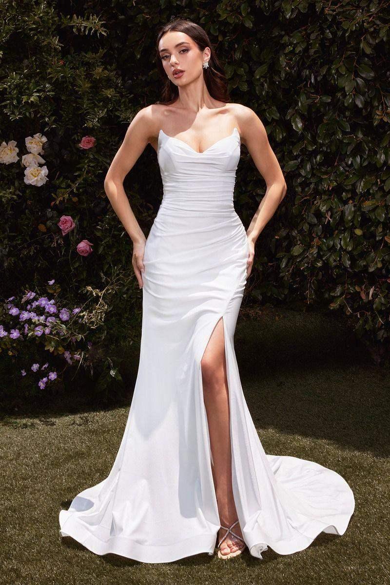 AVA POINTED V-NECKLINE GOWN - OFF WHITE - STRAPLESS STRETCH SPANDEX SATIN FITTED GOWN