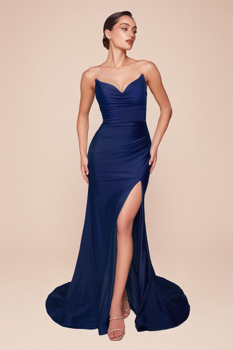AVA POINTED V-NECKLINE GOWN - NAVY - STRAPLESS STRETCH SPANDEX SATIN FITTED GOWN