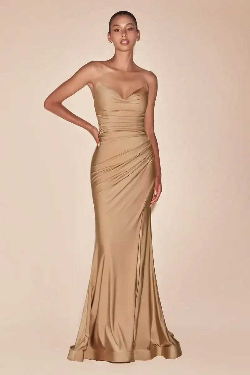 AVA POINTED V-NECKLINE GOWN - NUDE GOLD - STRAPLESS STRETCH SPANDEX SATIN FITTED GOWN
